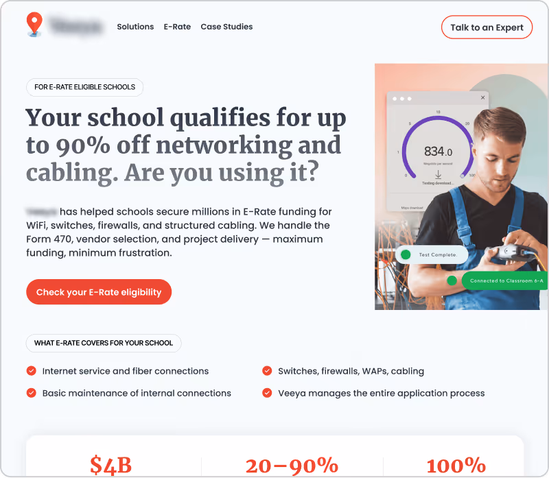 Webpage promoting up to 90% off networking and cabling for schools with E-Rate funding assistance.