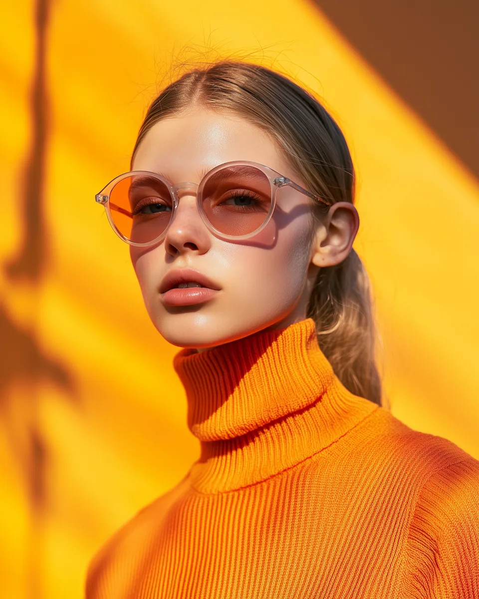 Young woman wearing round orange-tinted sunglasses and an orange ribbed turtleneck against a bright yellow background.