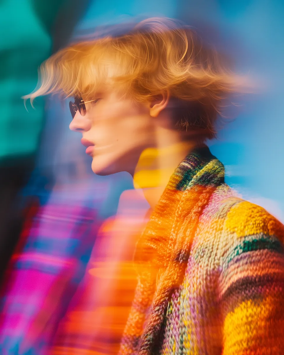 Side profile of a person with short blonde hair wearing sunglasses and a colorful knitted sweater with motion blur effects.