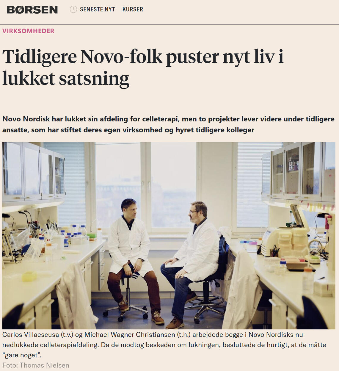 Børsen article for Nordic Cell Therapy Group