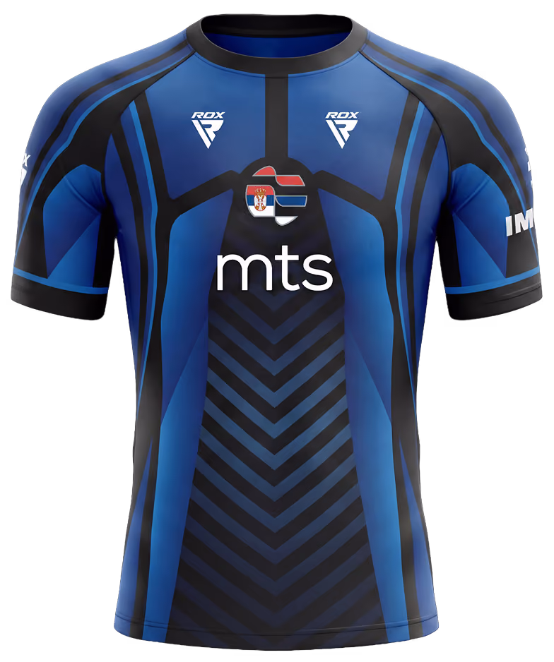 MMA Serbian Association RDX Blue Rush rash guard, front view.