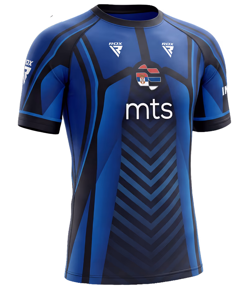 MMA Serbian Association RDX Blue Rush rash guard, side view.