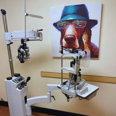 An optometry exam machine with a colorful dog painting wearing sunglasses and a hat on the wall behind it.