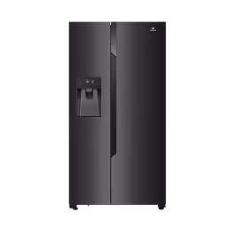 Black side-by-side refrigerator with water dispenser on left door and brand logo on right door