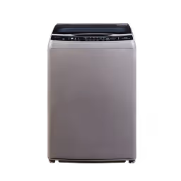 Silver top-loading washing machine with black control panel and digital display.