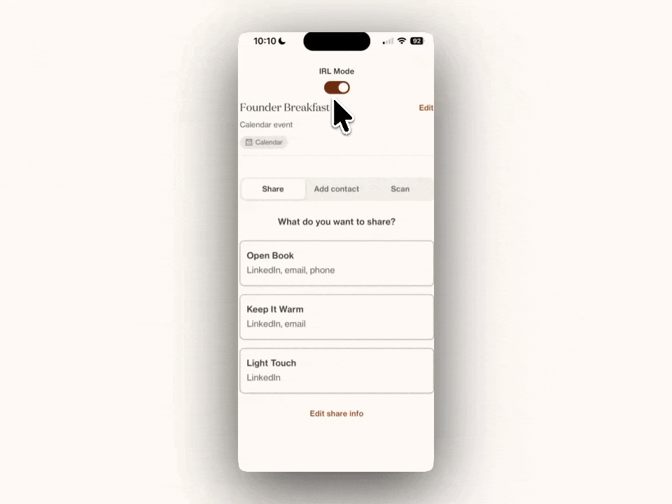 Goodword IRL Mode — choosing a sharing tier and showing a full-screen QR code to exchange contact details