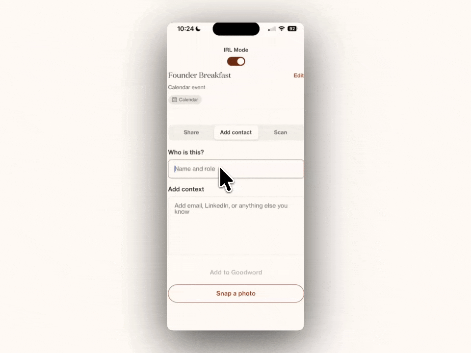 Goodword mobile app — capturing a new contact at an event by name, note, photo, or QR code