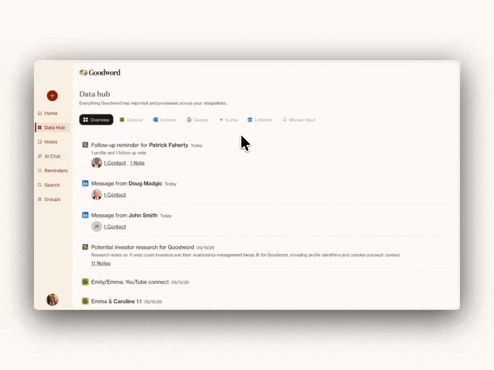 Goodword after a Debrief — follow-ups and reminders filed automatically against the right contacts