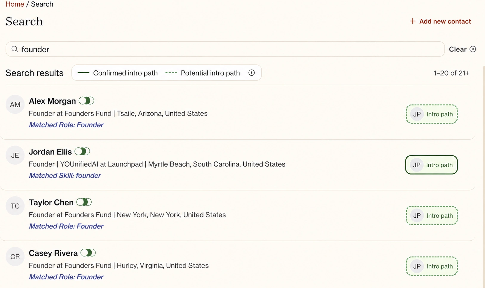 Role search results with matched roles and intro-path indicators