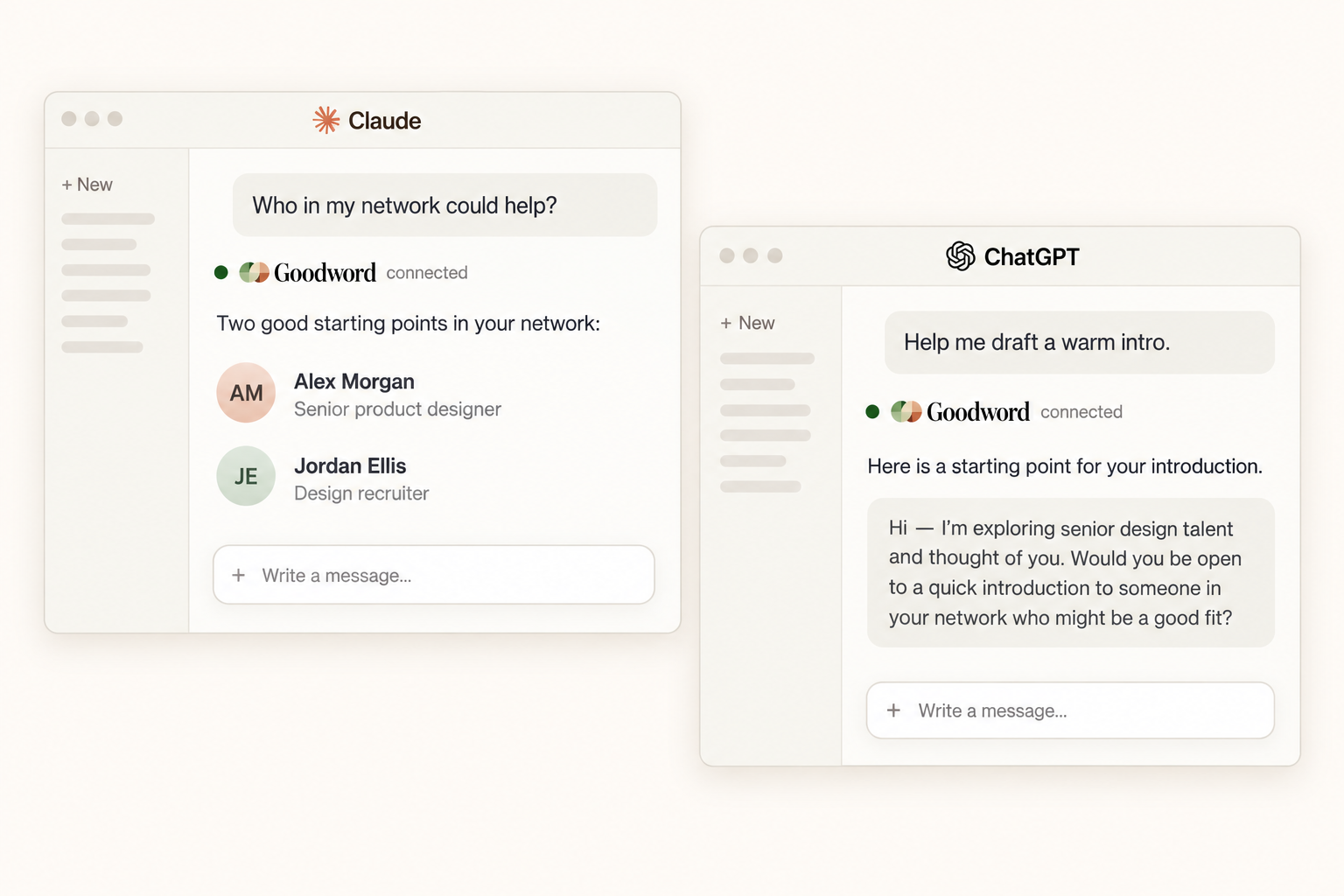 Illustrative Claude and ChatGPT workspaces with Goodword connections and an introduction draft