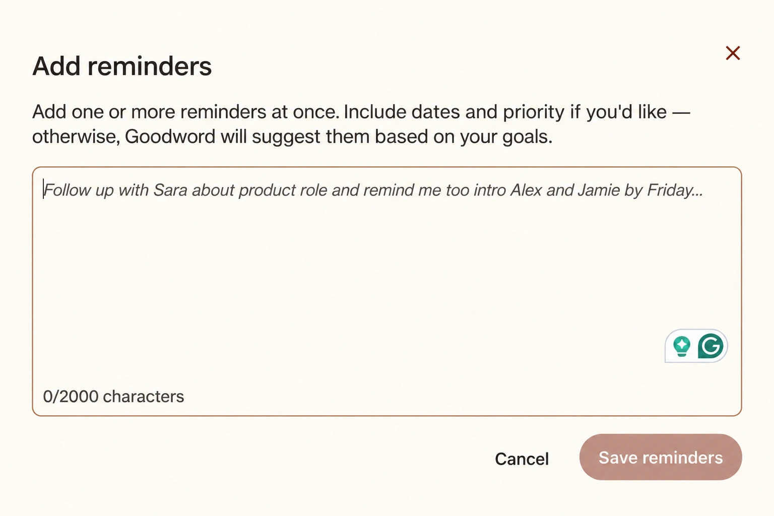 Goodword plain-language reminder entry dialog