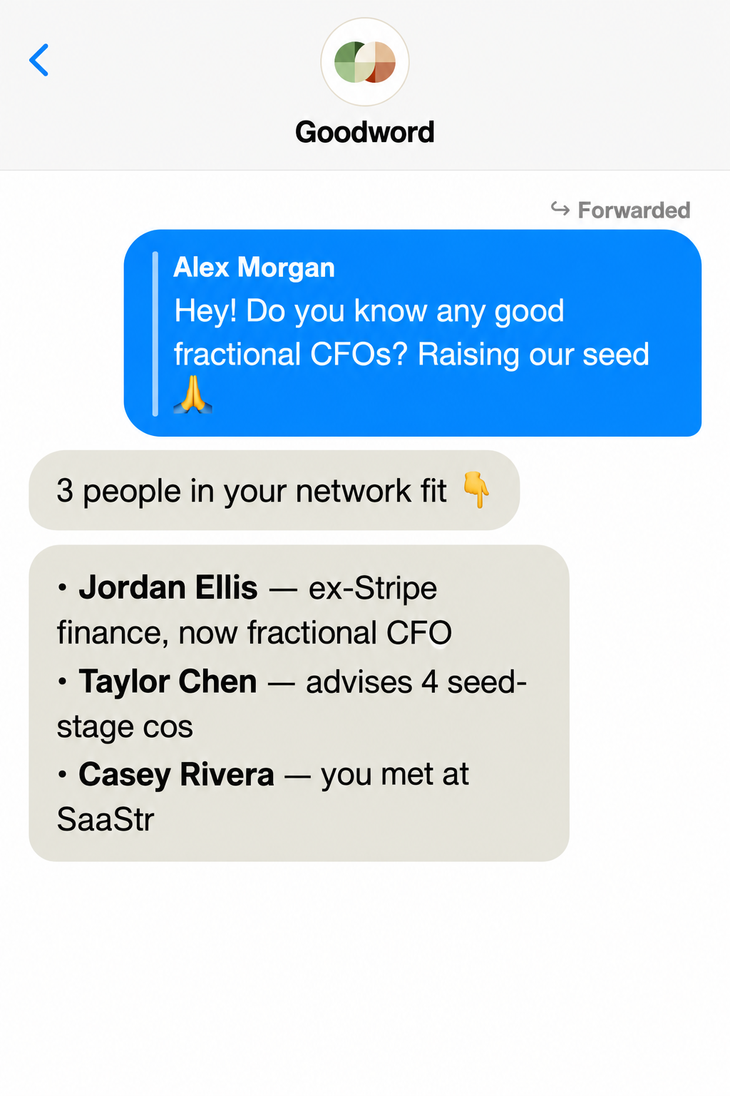 Goodword text conversation finding three fractional CFO connections from a forwarded request