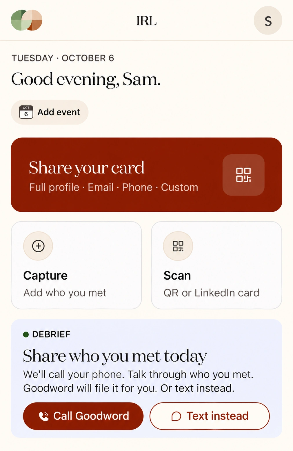 IRL Mode home with sharing, capture, scan, and debrief