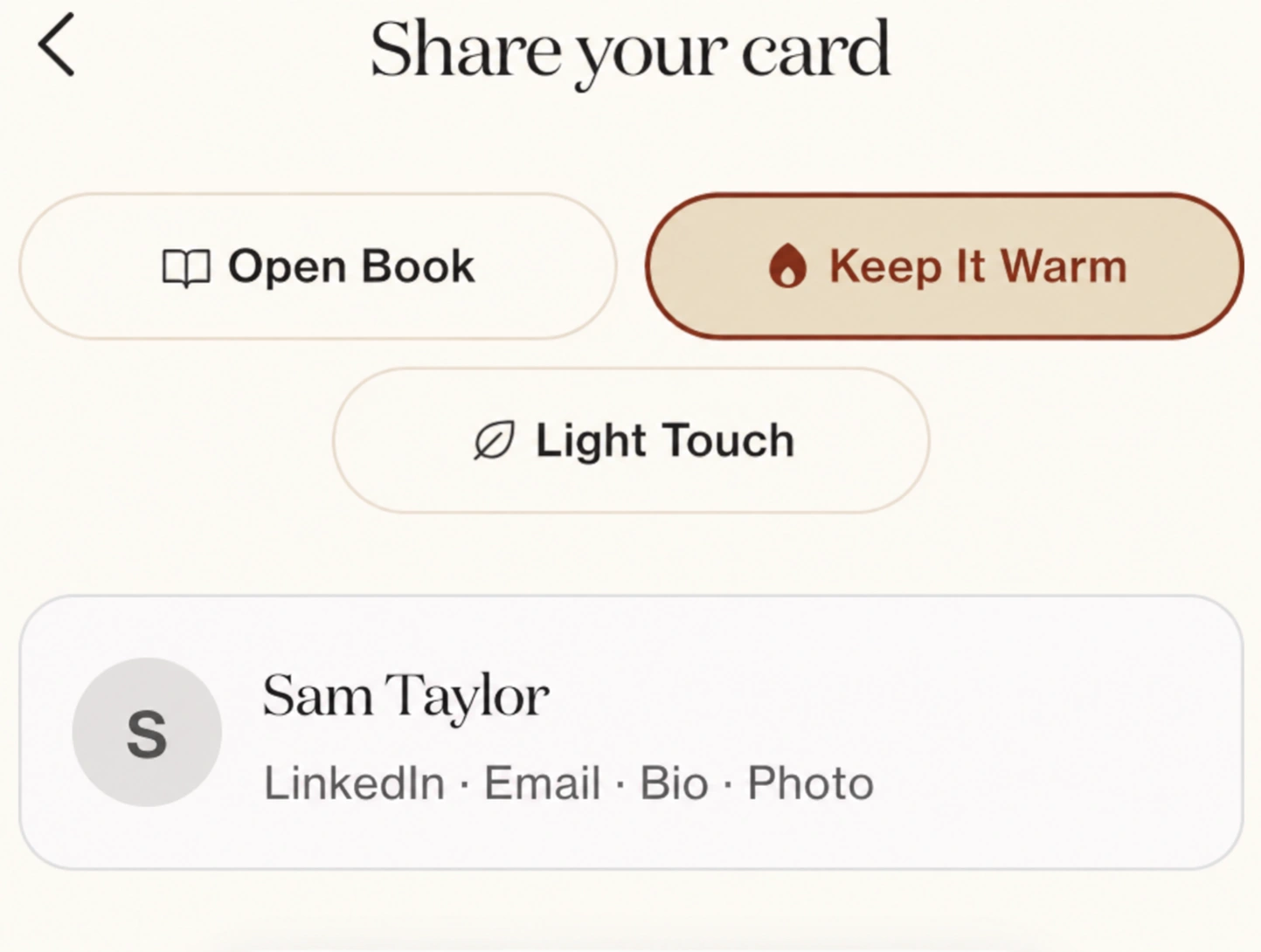 Open Book, Keep It Warm, and Light Touch sharing options