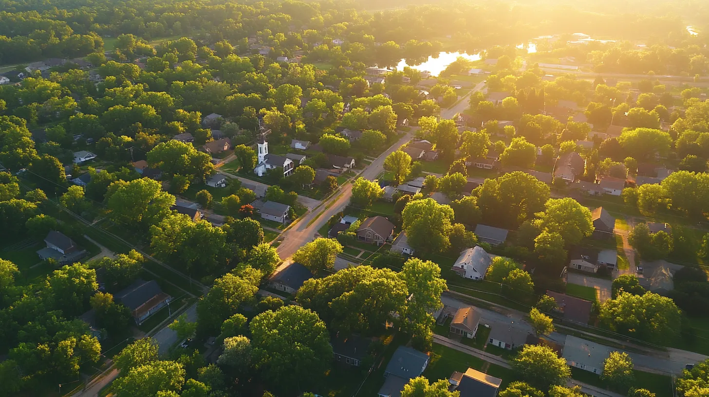 Aerial view of a sunlit neighborhood with many trees, houses, roads, and a white church building.