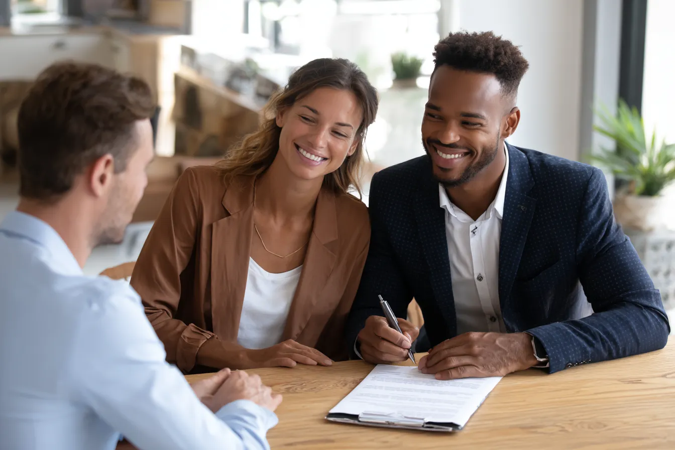 Smiling couple signing contract at a table while a professional watches.