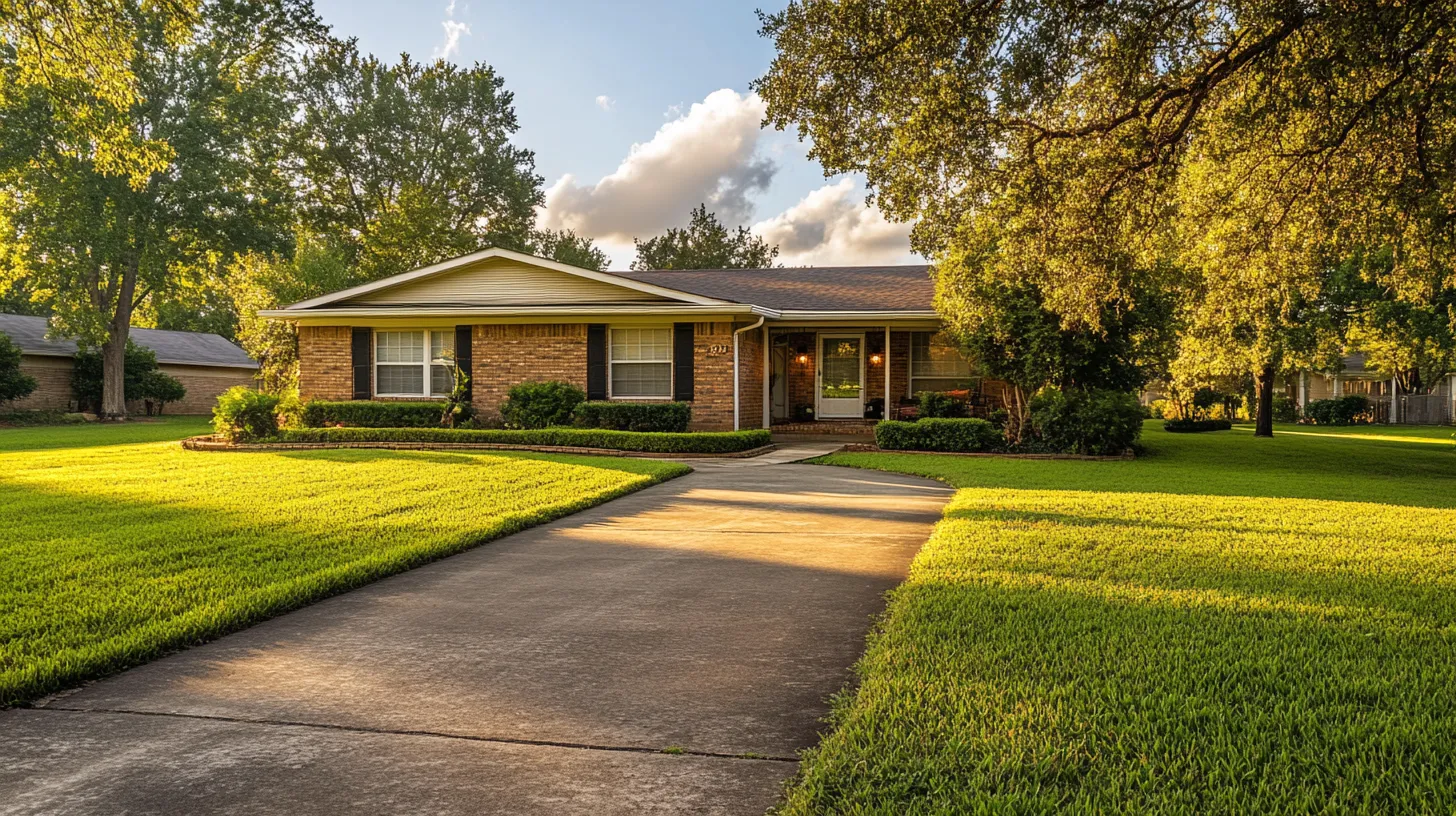 Single-story brick house with well-maintained lawn and large trees at sunset.