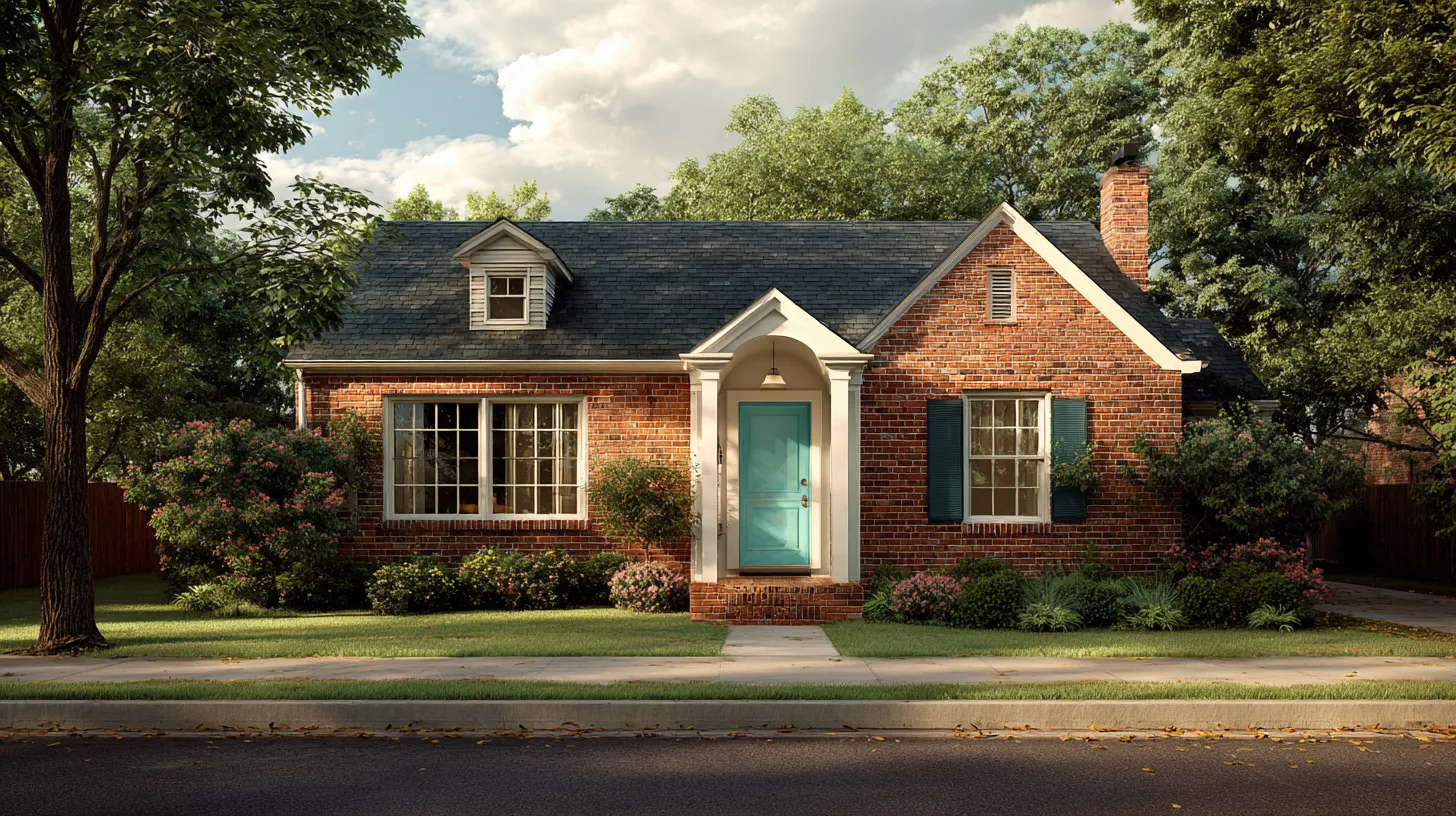 Single-story brick house with teal front door, two windows, shrubs, and trees in a suburban neighborhood.