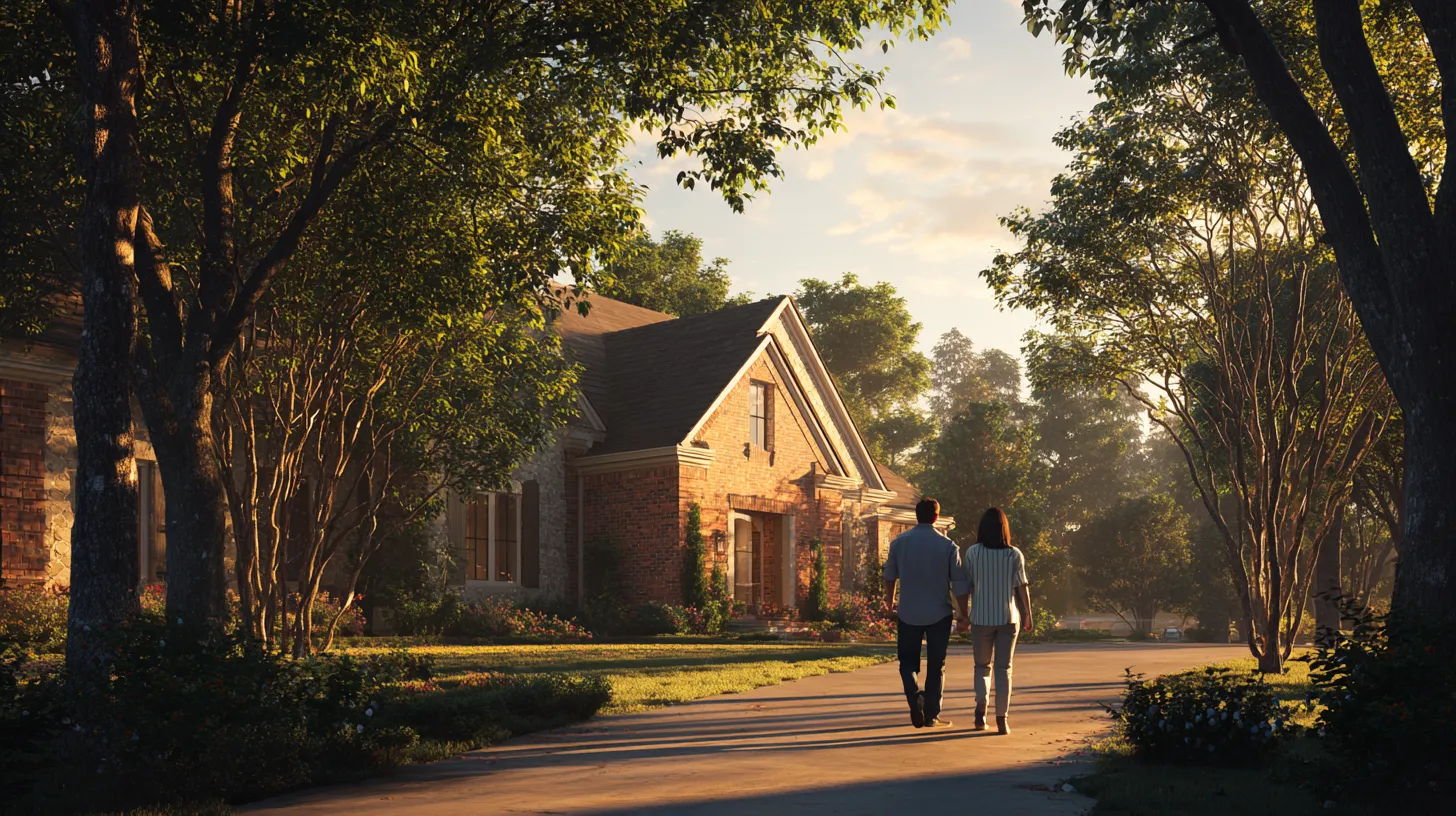 Couple walking on driveway toward a brick house surrounded by trees during sunset.