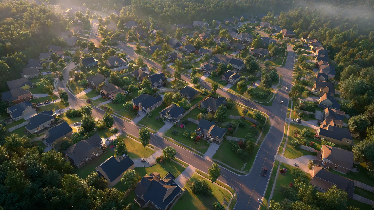 Aerial view of a suburban neighborhood with houses, trees, lawns, and roads at sunset.