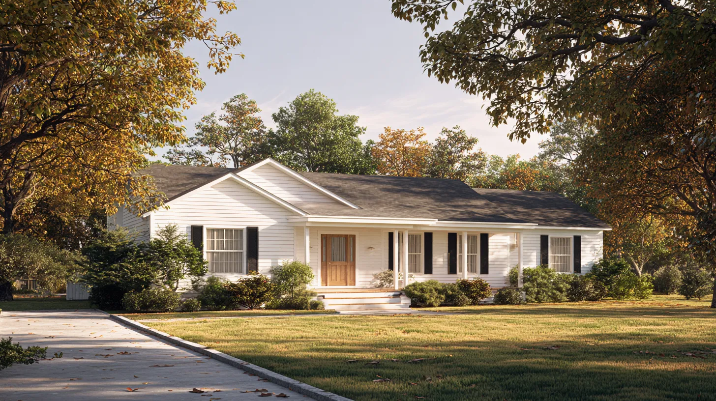 White single-story house with black shutters, wooden door, surrounded by autumn trees and bushes.