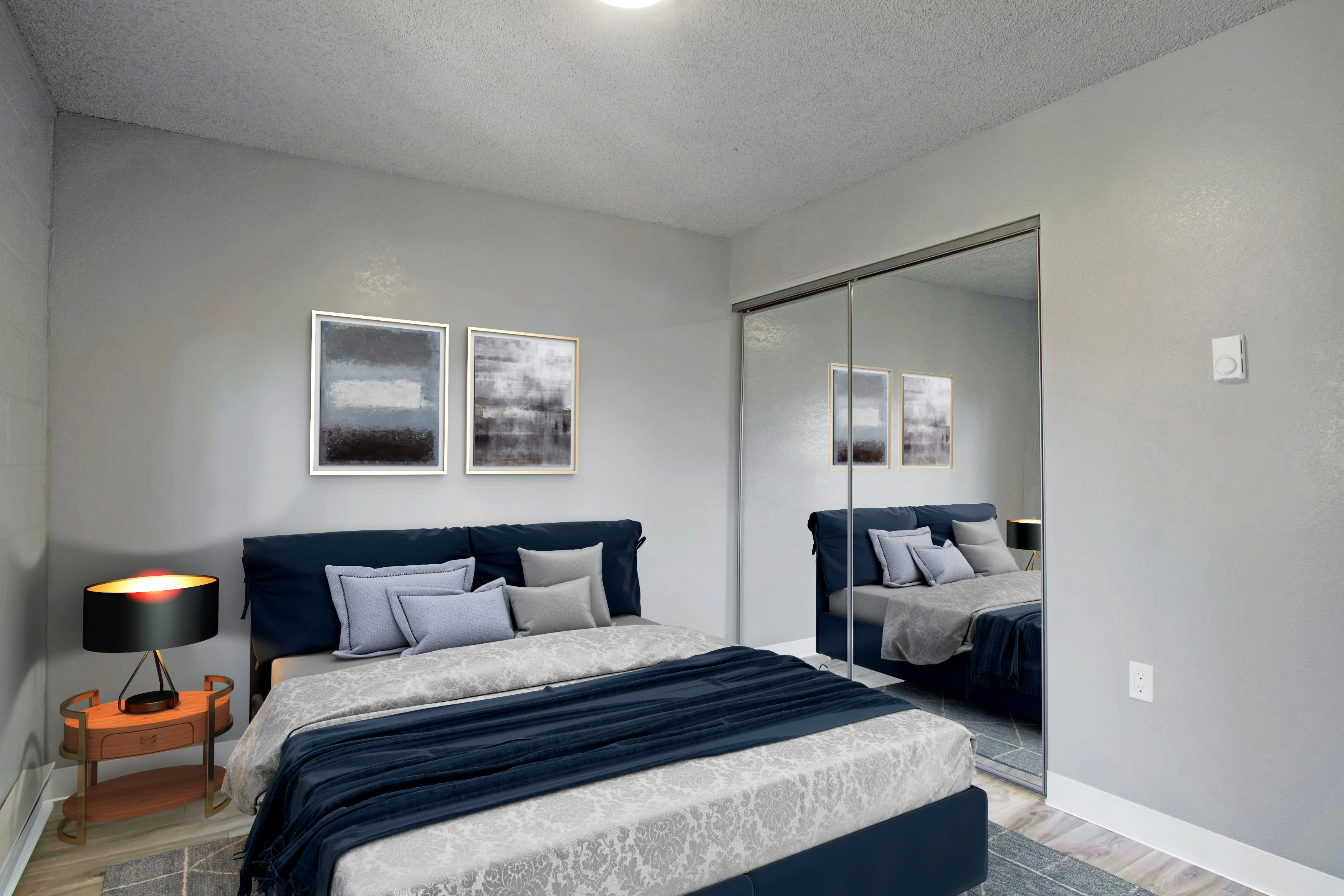 Virtually furnished bedroom with bed, wood floors and mirrored closet doors