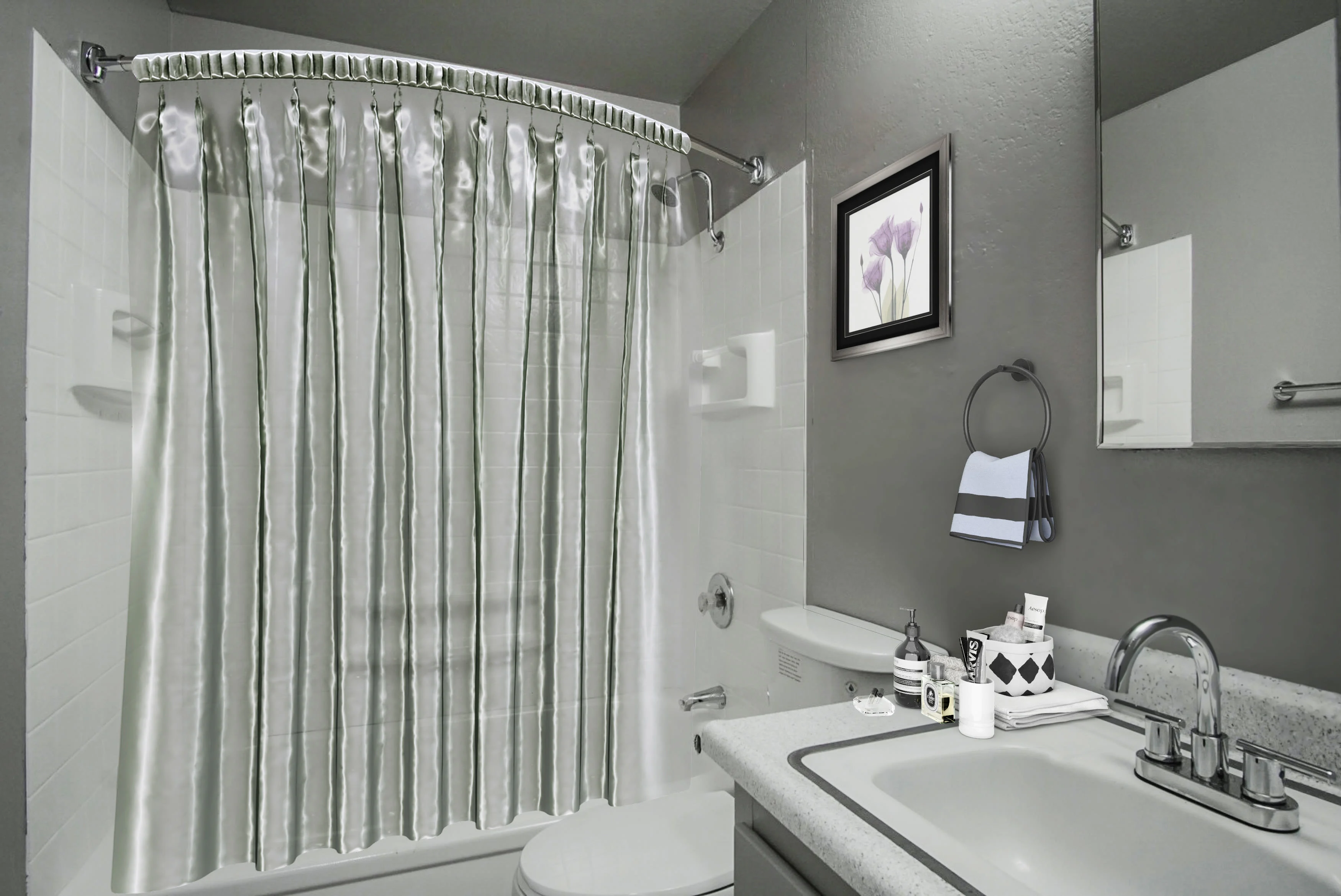 Bathroom with virtually staged shower curtain