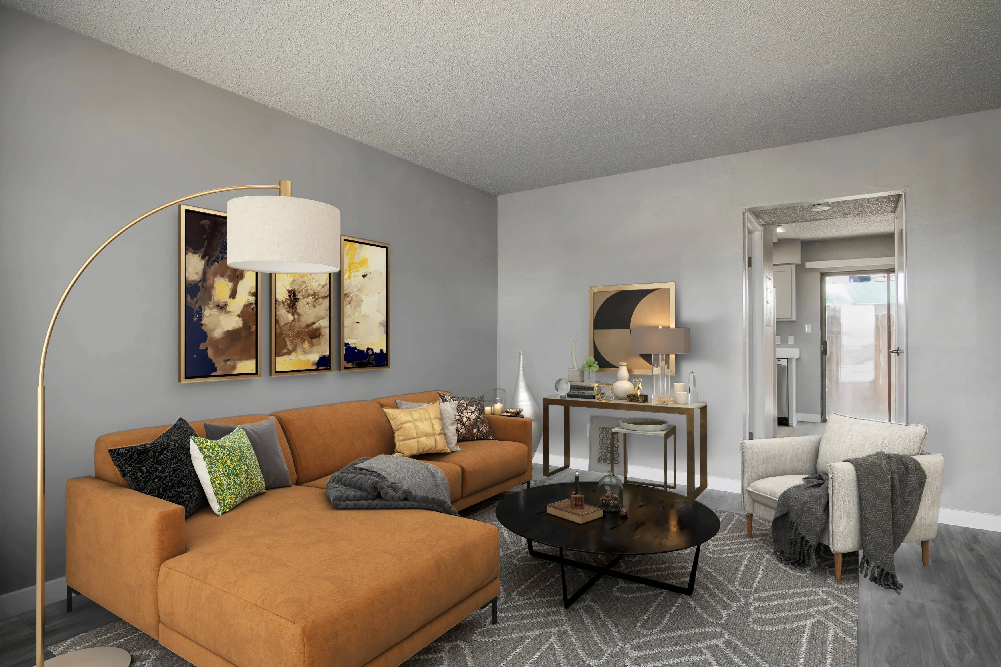 Virtually furnished living area with sofa, coffee table and view of kitchen