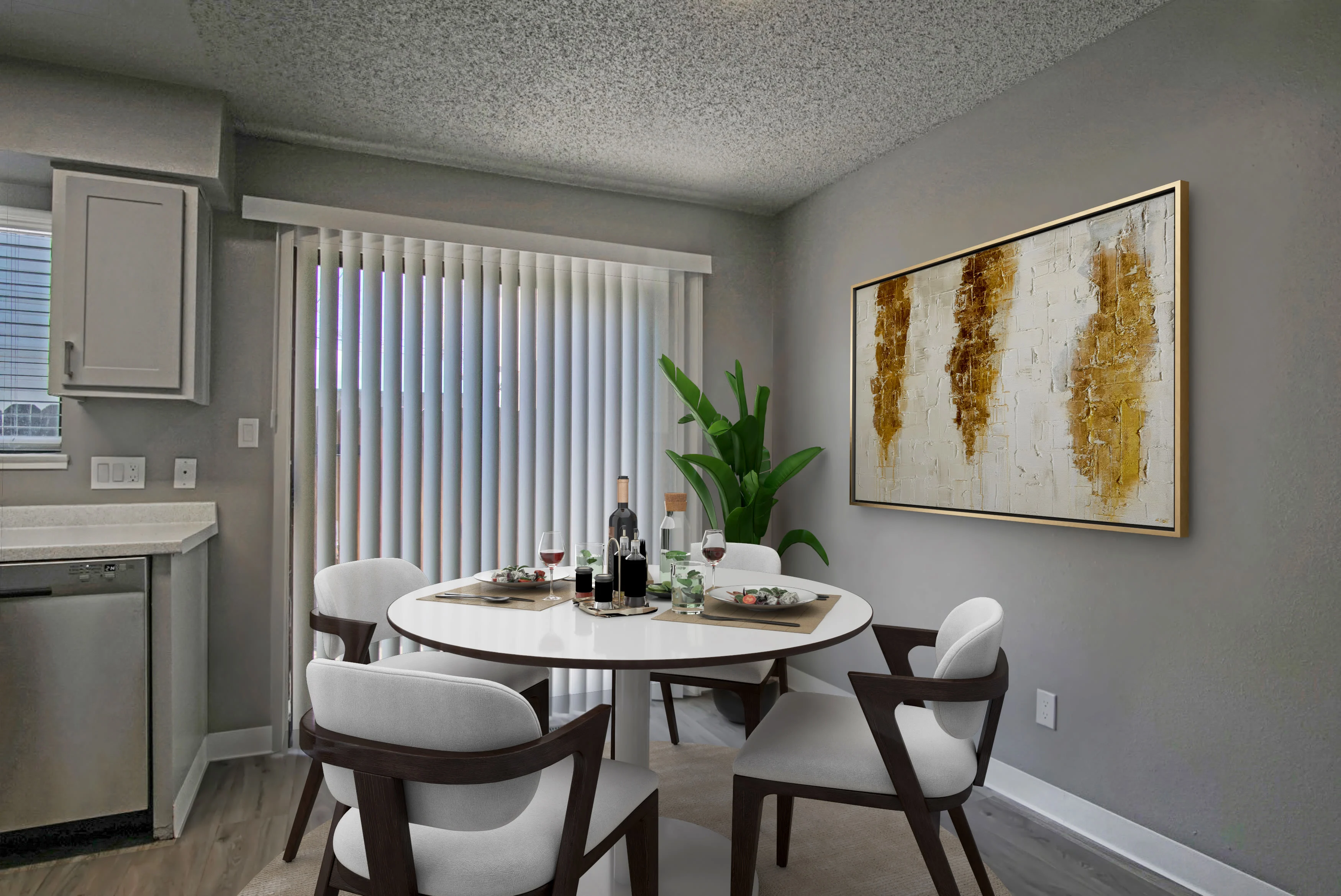Virtually furnished dining area with table and chairs