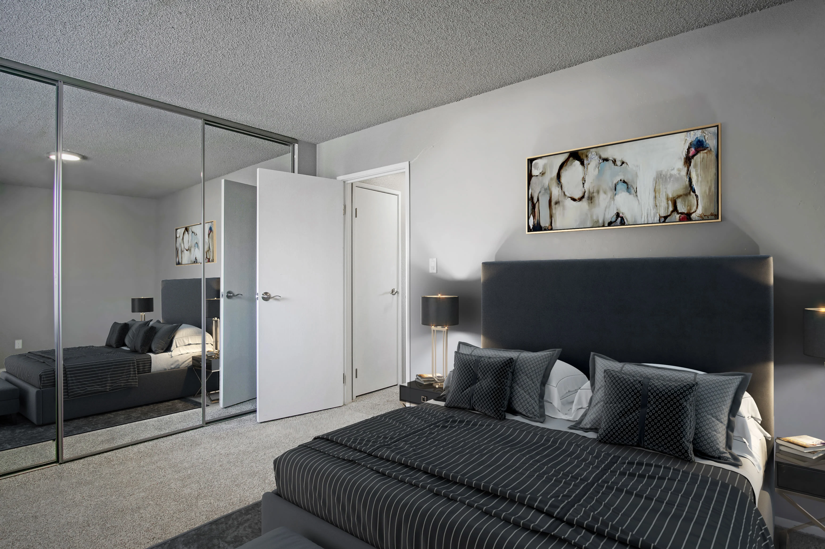 Virtually furnished bedroom with bed, carpet and mirrored closet doors