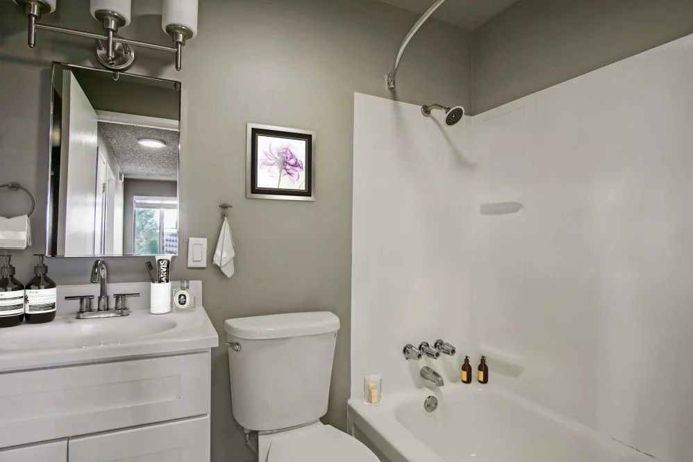 Bathroom with shower tub combo and vanity with white cabinets