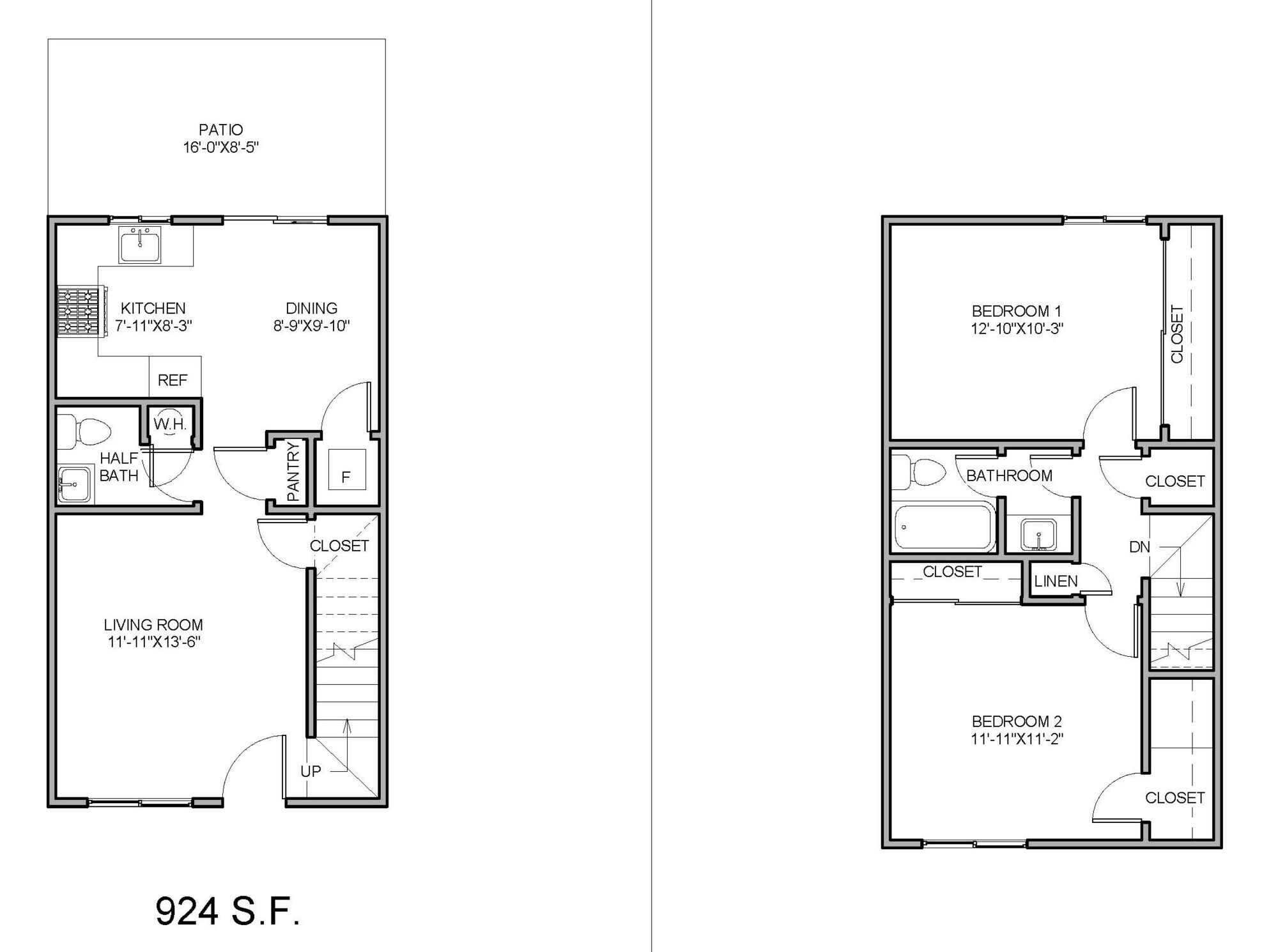 2 bed 1.5 bath floor plan layout