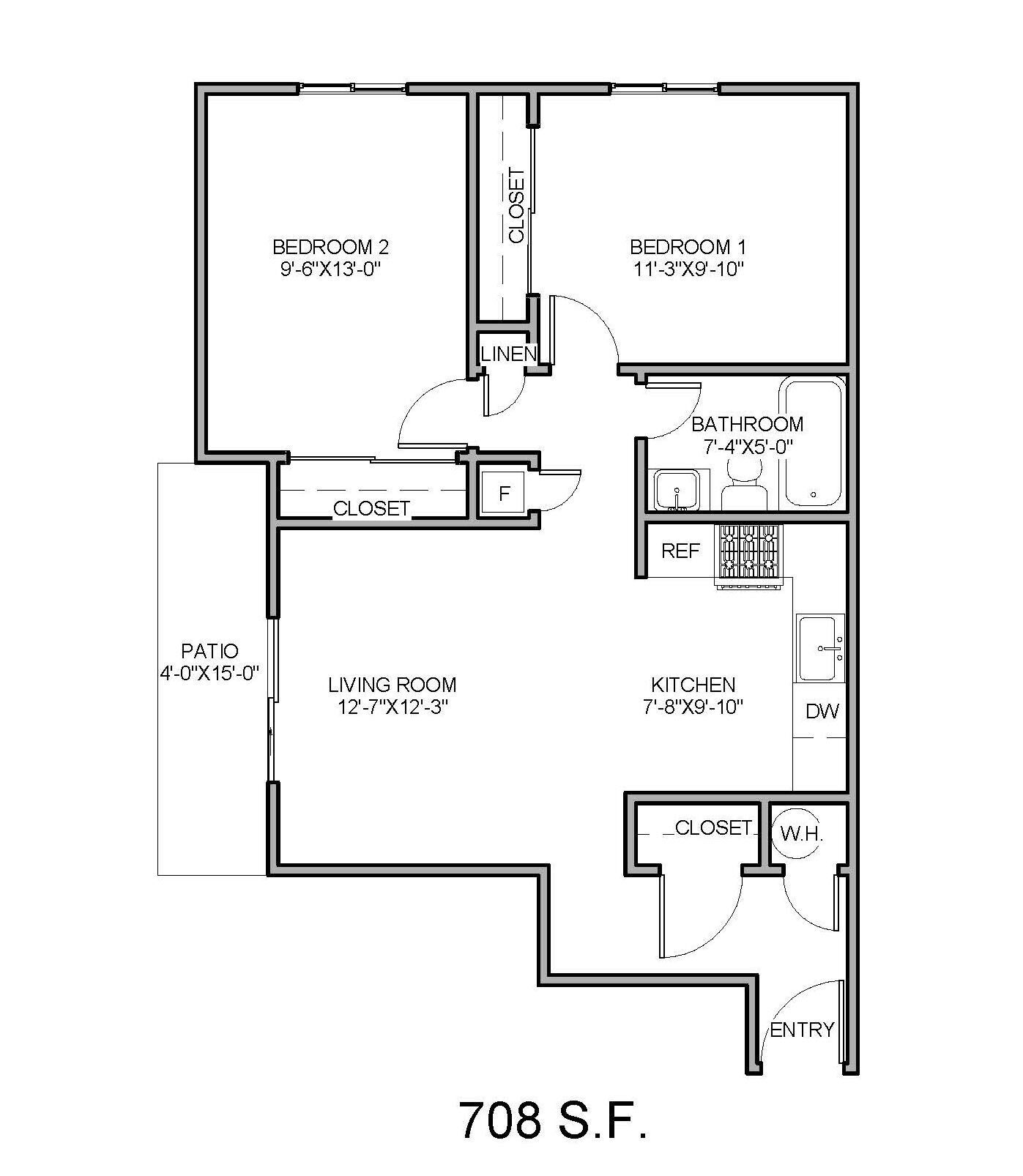 2 bed 1 bath floor plan layout