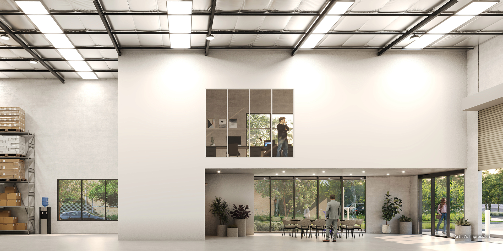Spacious warehouse interior with tall shelving, large windows, office upstairs.