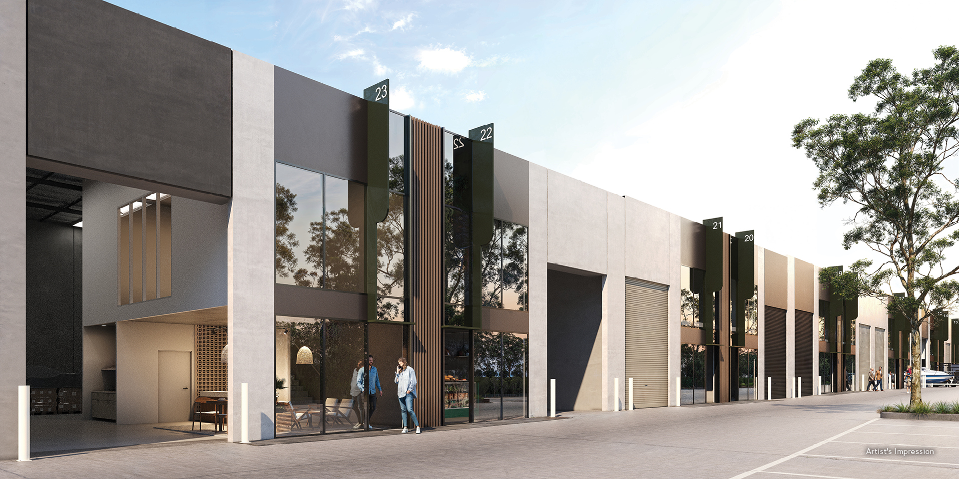 Row of modern industrial units with glass fronts and numbered signs.