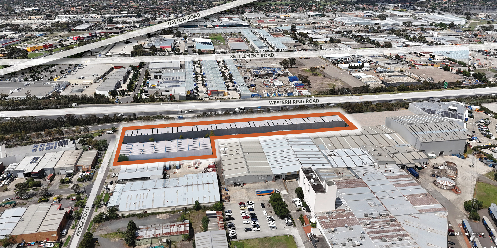 Aerial photo of location of warehouse, close to Western Ring Road and Brock Road.