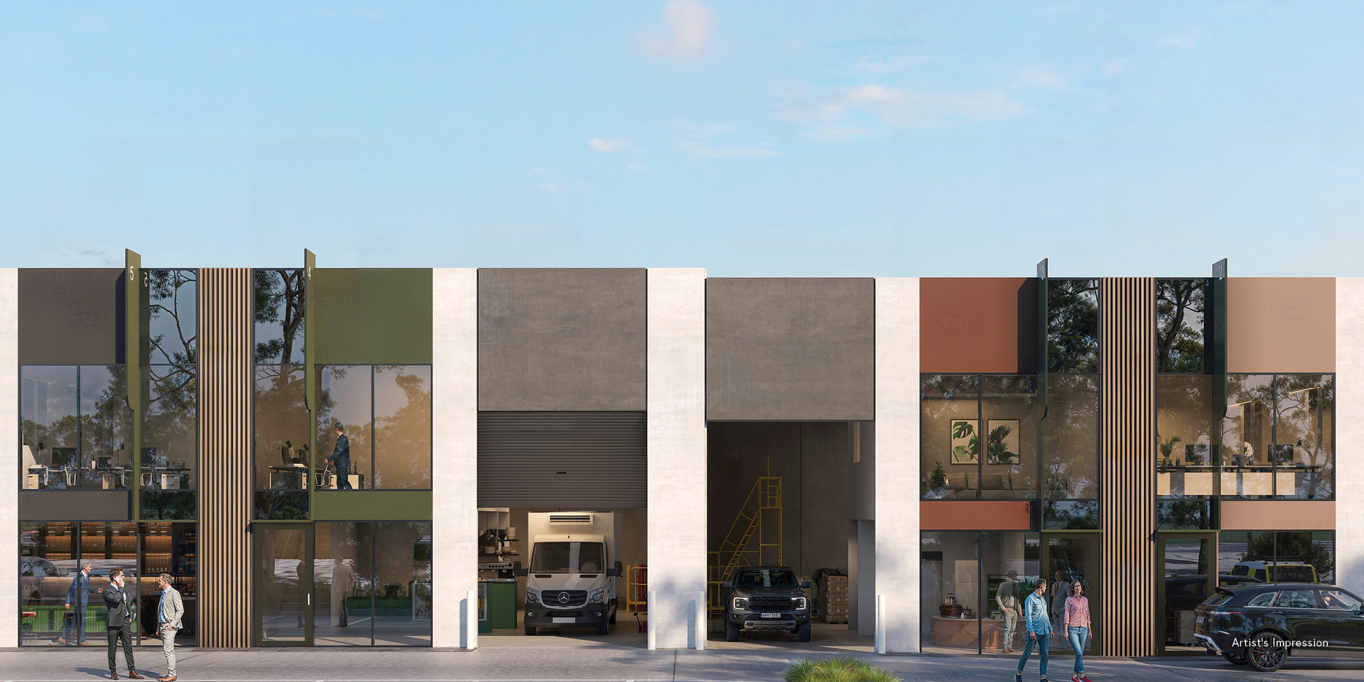 Modern commercial building with glass offices, warehouse doors, and people walking outside under blue sky.