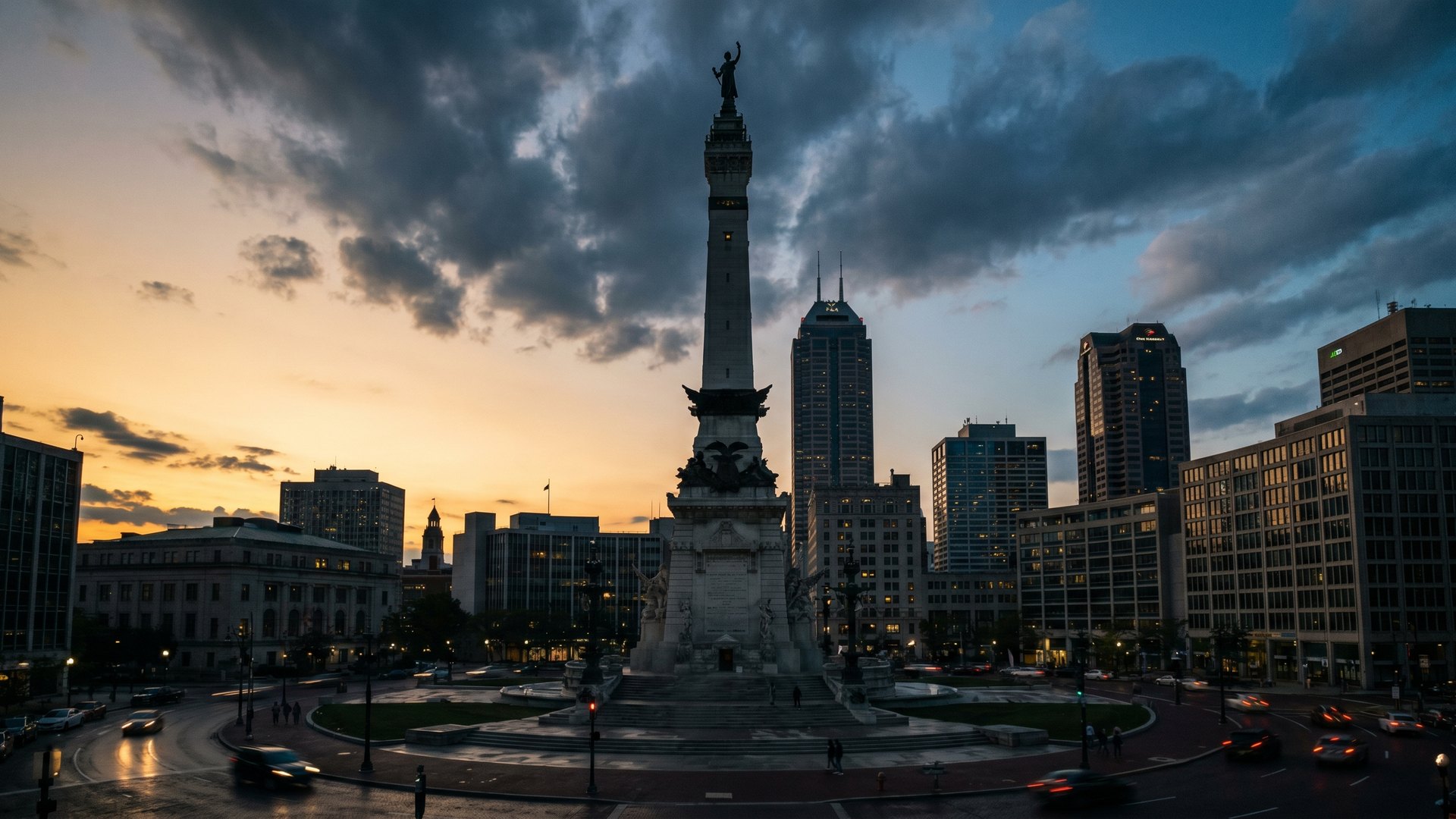 Monument Circle in downtown Indianapolis at dusk