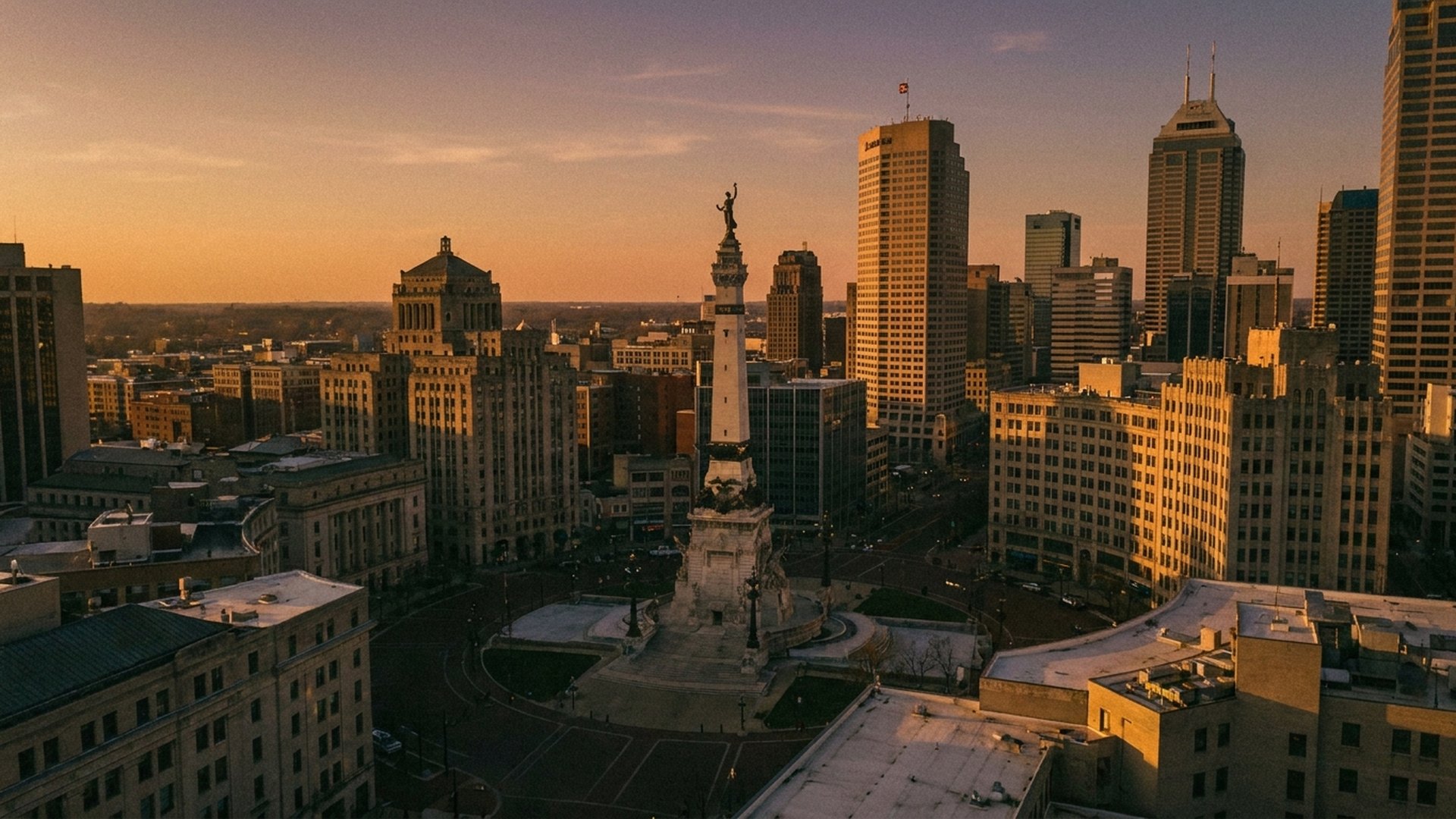 The Indianapolis skyline behind Monument Circle