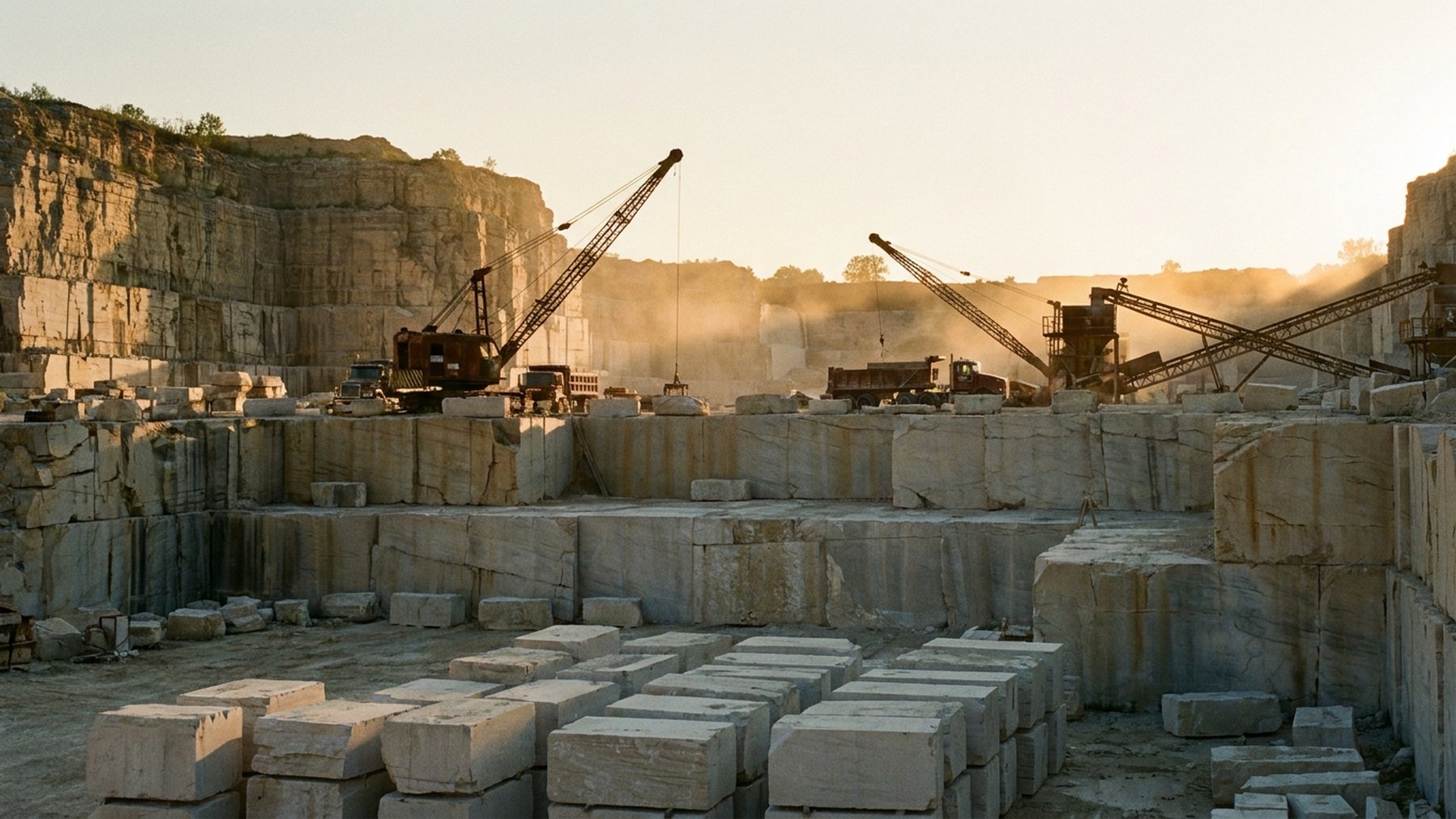 Cut blocks in a working Indiana limestone quarry