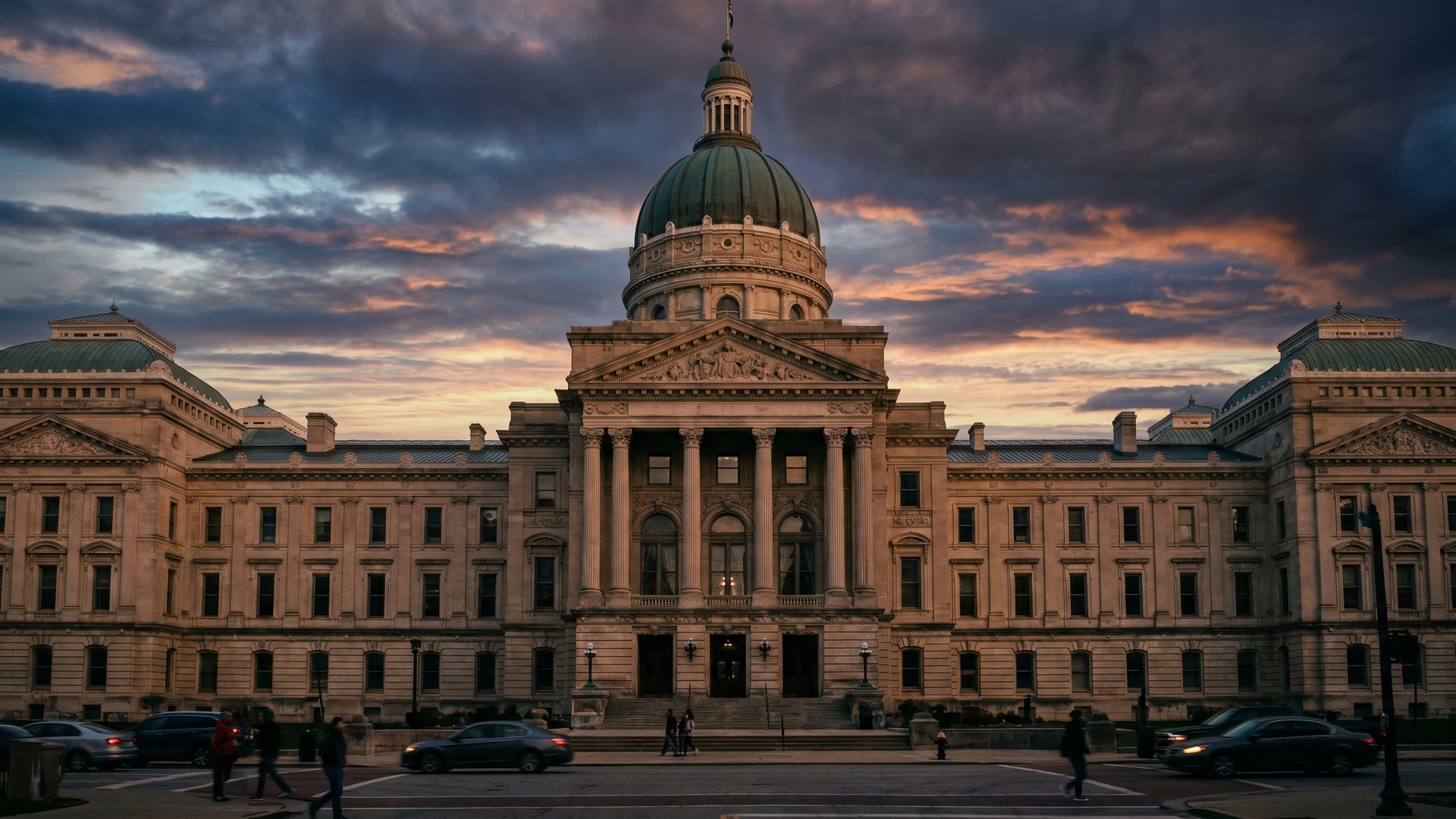 The Indiana Statehouse dome in Indianapolis at dusk