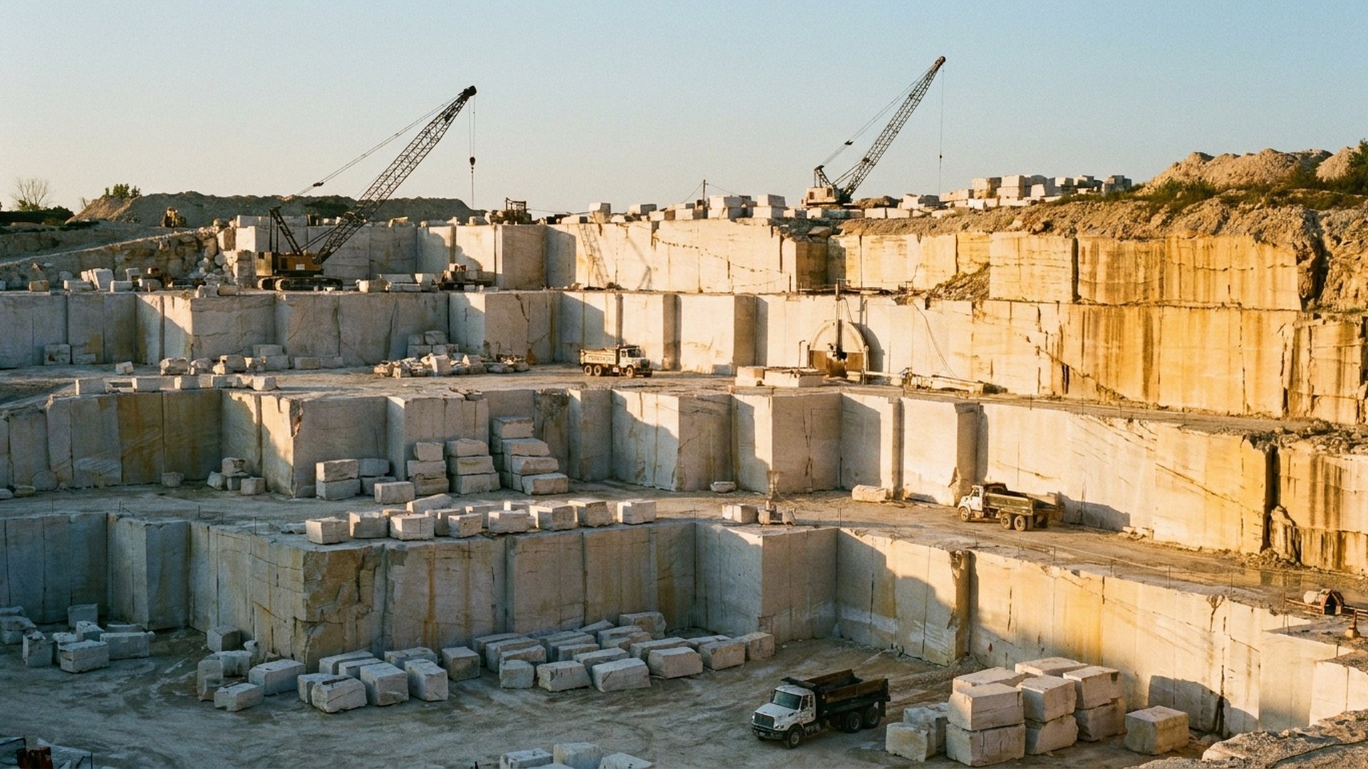 A working Indiana limestone quarry with cranes on the high wall