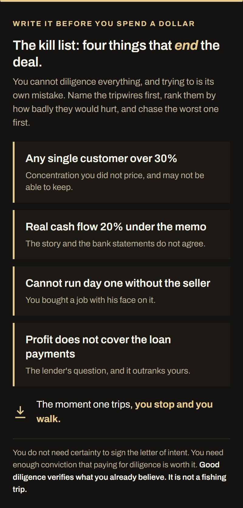 A kill list of four deal-ending tripwires: any single customer over thirty percent, real cash flow twenty percent under the memo, cannot run day one without the seller, and profit that does not cover the loan payments.