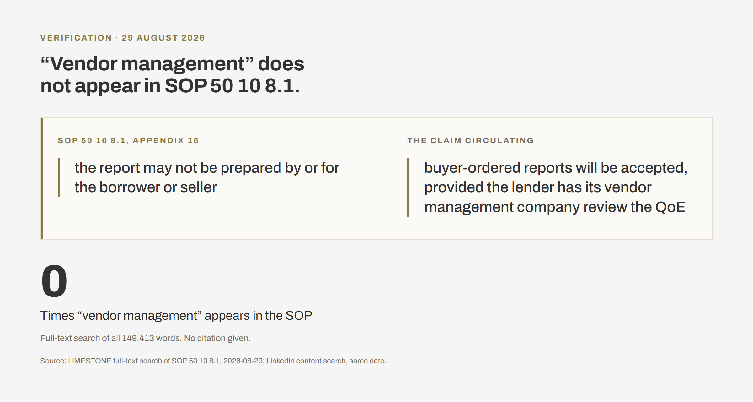 SOP 50 10 8.1 states the quality of earnings report may not be prepared by or for the borrower or seller. The phrase vendor management appears zero times in the SOP.