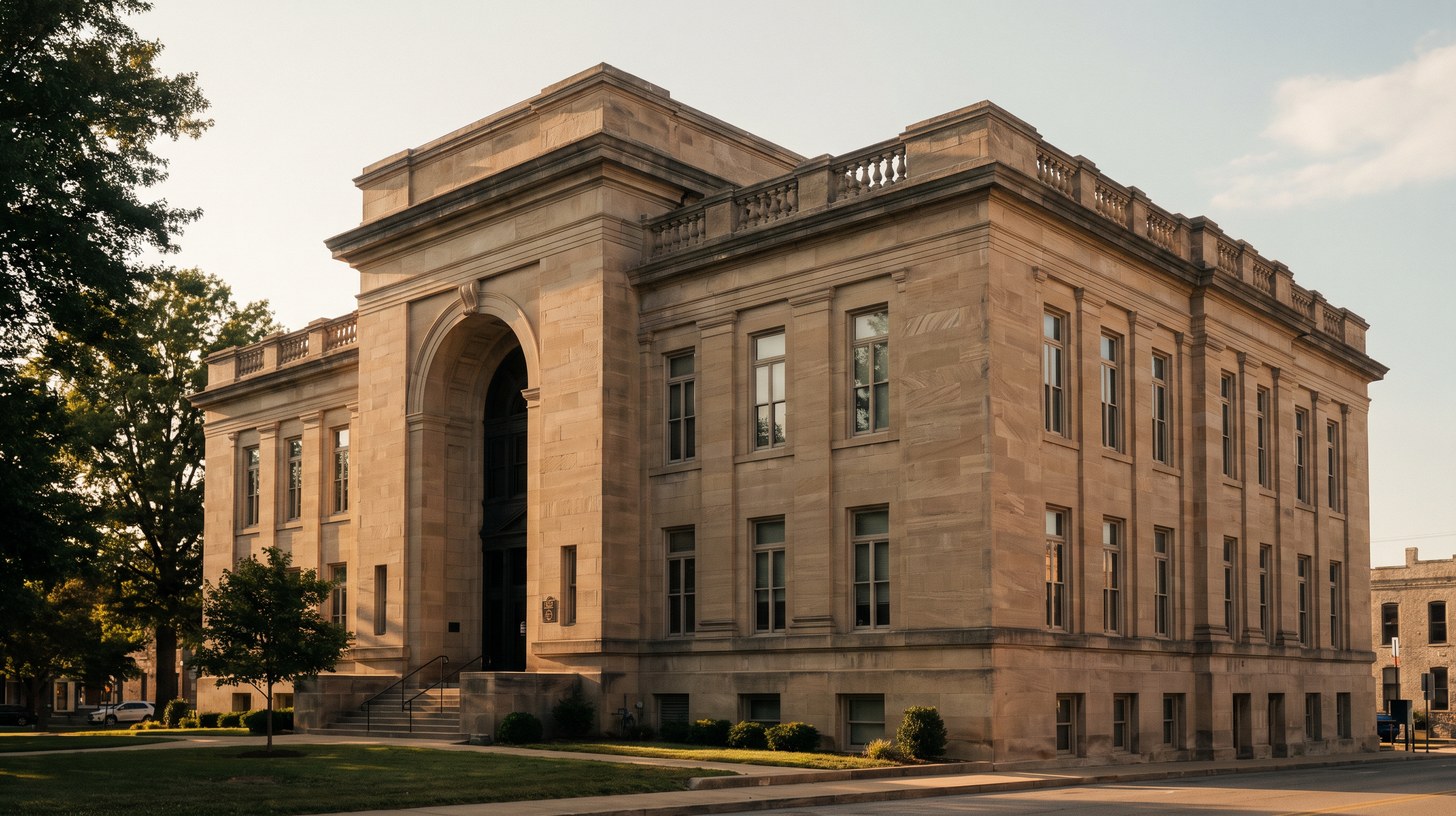 The Lawrence County Courthouse in Bedford, Indiana, a 1930 Neoclassical building faced in Indiana limestone, photographed in late afternoon light.