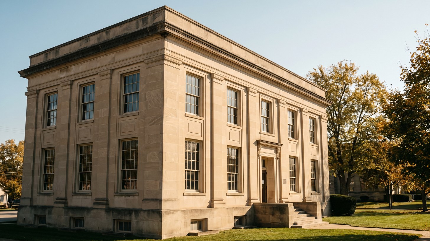The Indiana Limestone Company Building in Bedford, Indiana, a 1927 Classical Revival limestone building, photographed in late afternoon light.