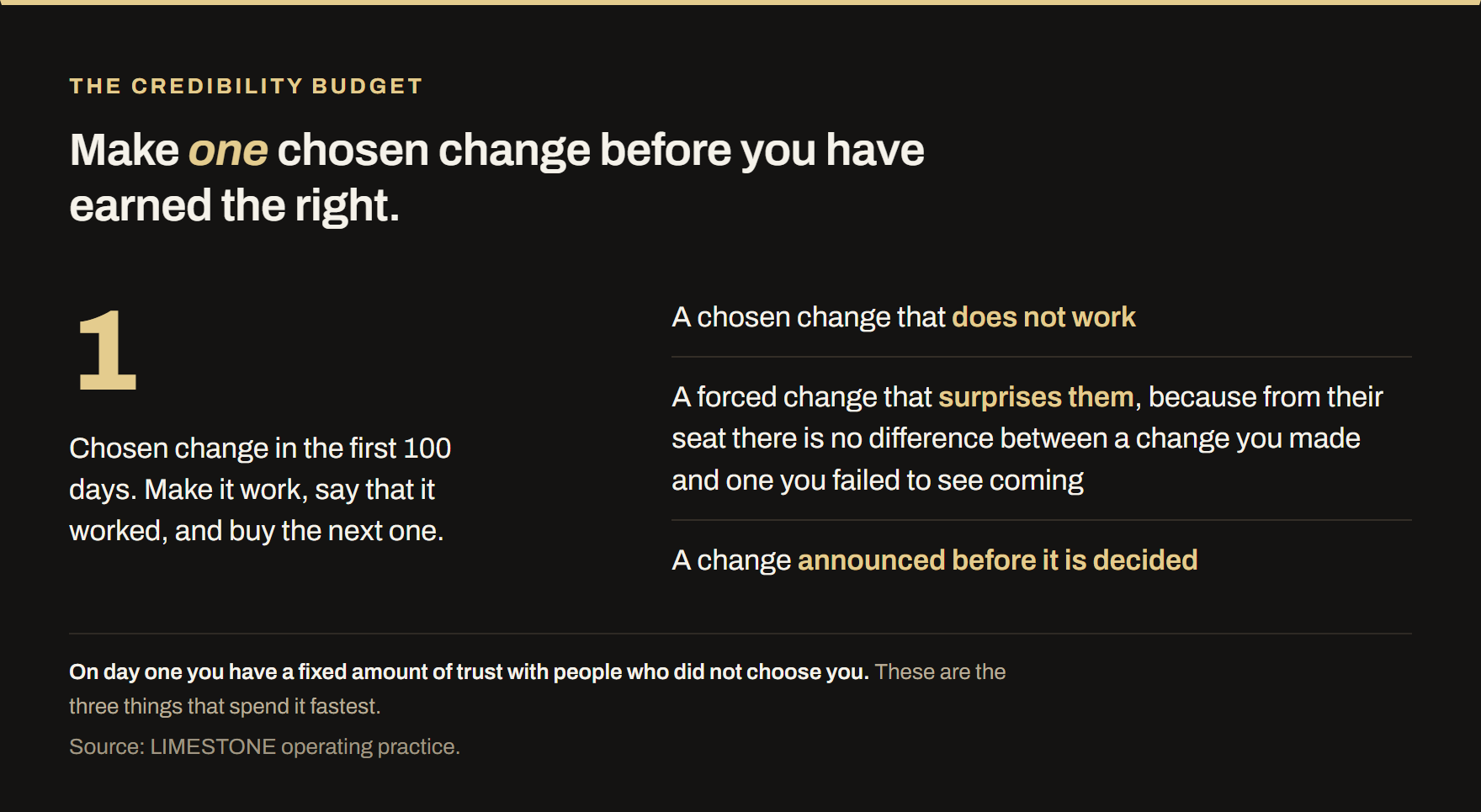 Make one chosen change in the first 100 days, make it work, say that it worked, and buy the next one. The three things that spend a new owner's credibility fastest are a chosen change that does not work, a forced change that surprises people, and a change announced before it is decided.