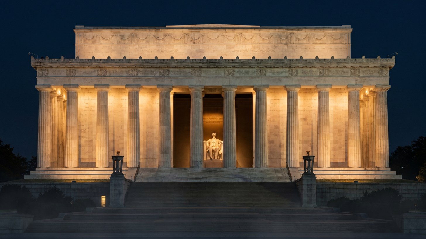 The Lincoln Memorial at dusk, its colonnade lit warm against a deep blue sky. Its interior walls and Ionic columns are Indiana limestone.