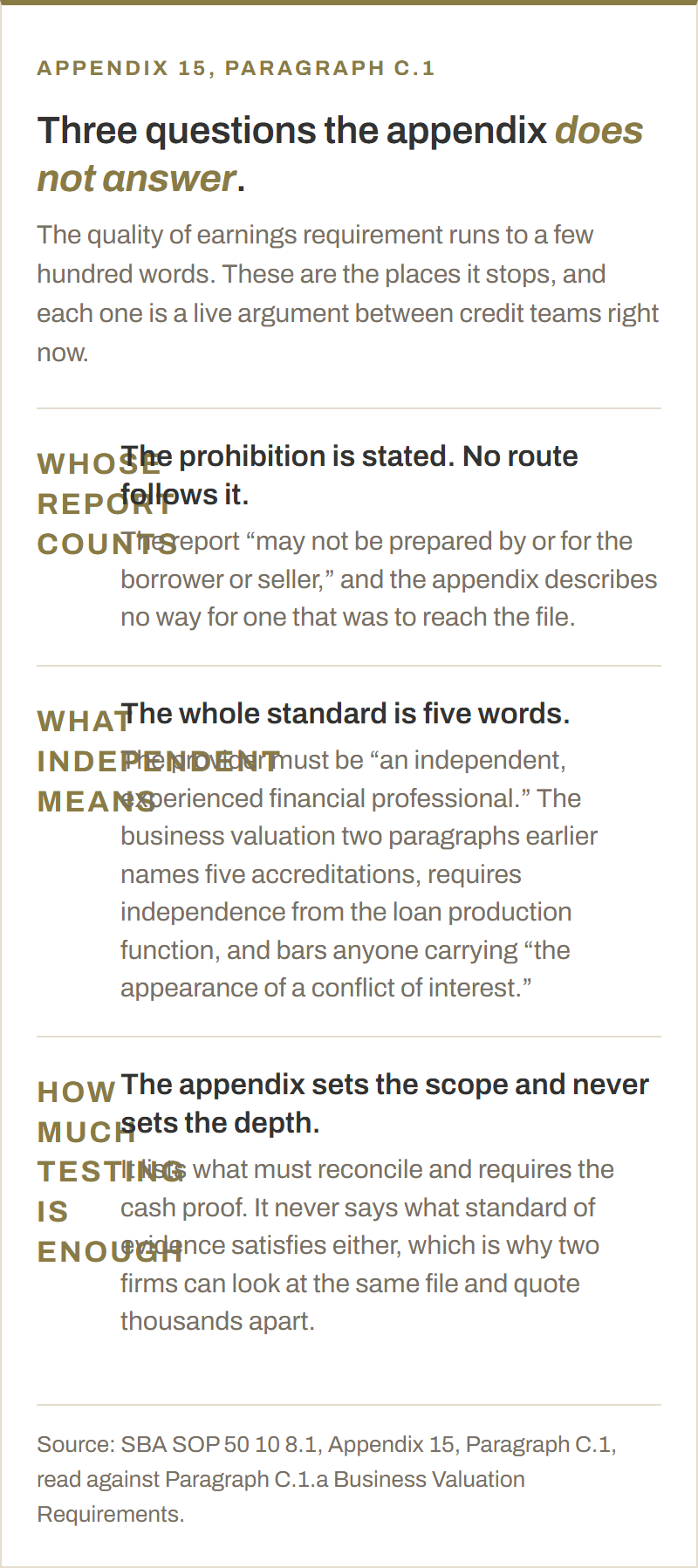 Three questions SOP 50 10 8.1 Appendix 15 does not answer. Whose report counts: the report may not be prepared by or for the borrower or seller, and the appendix describes no way for one that was to reach the file. What independent means: the whole standard is five words, an independent experienced financial professional, while the business valuation two paragraphs earlier names five accreditations, requires independence from the loan production function and bars any appearance of a conflict of interest. How much testing is enough: the appendix lists what must reconcile and requires the cash proof but never sets a standard of evidence, which is why two firms can look at the same file and quote thousands apart.