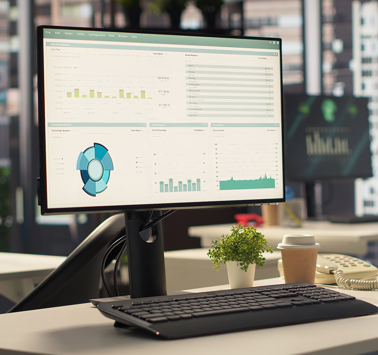 Office monitor showing a business performance dashboard